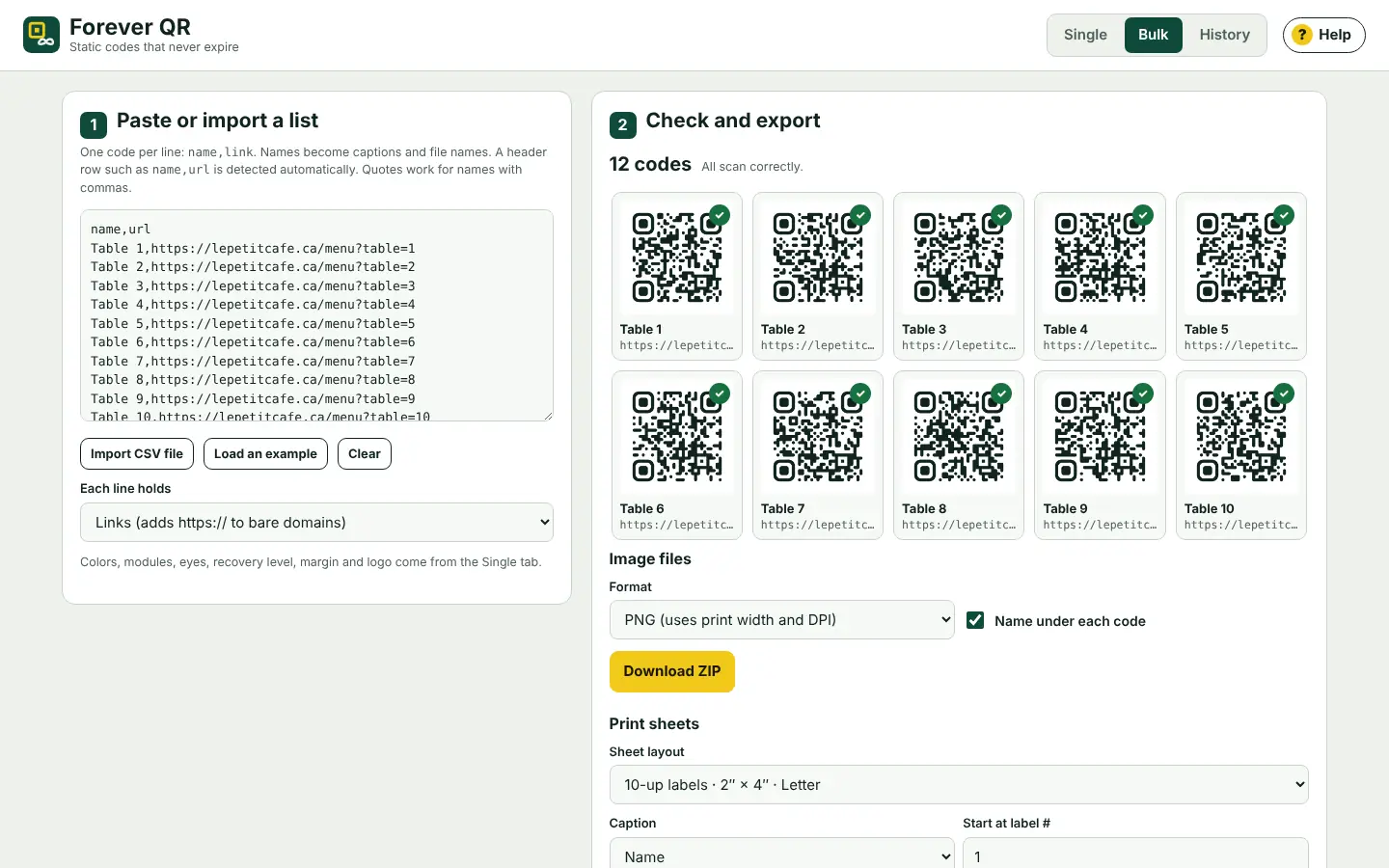 12 table codes from one list · all scan correctly