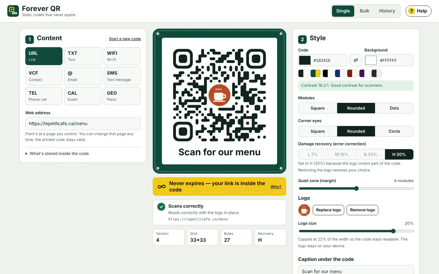 Forever QR app screen