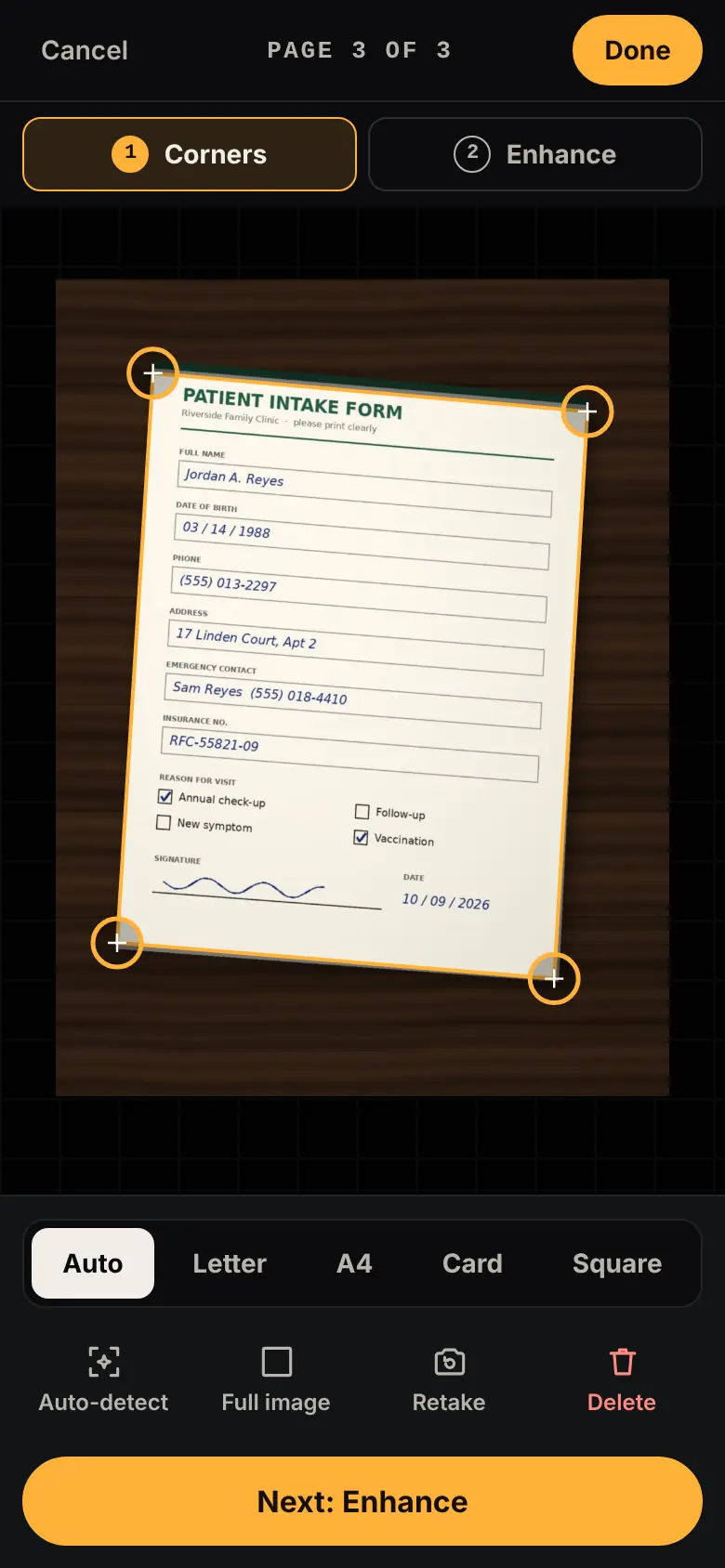 Pocket Scan corner editor on a phone